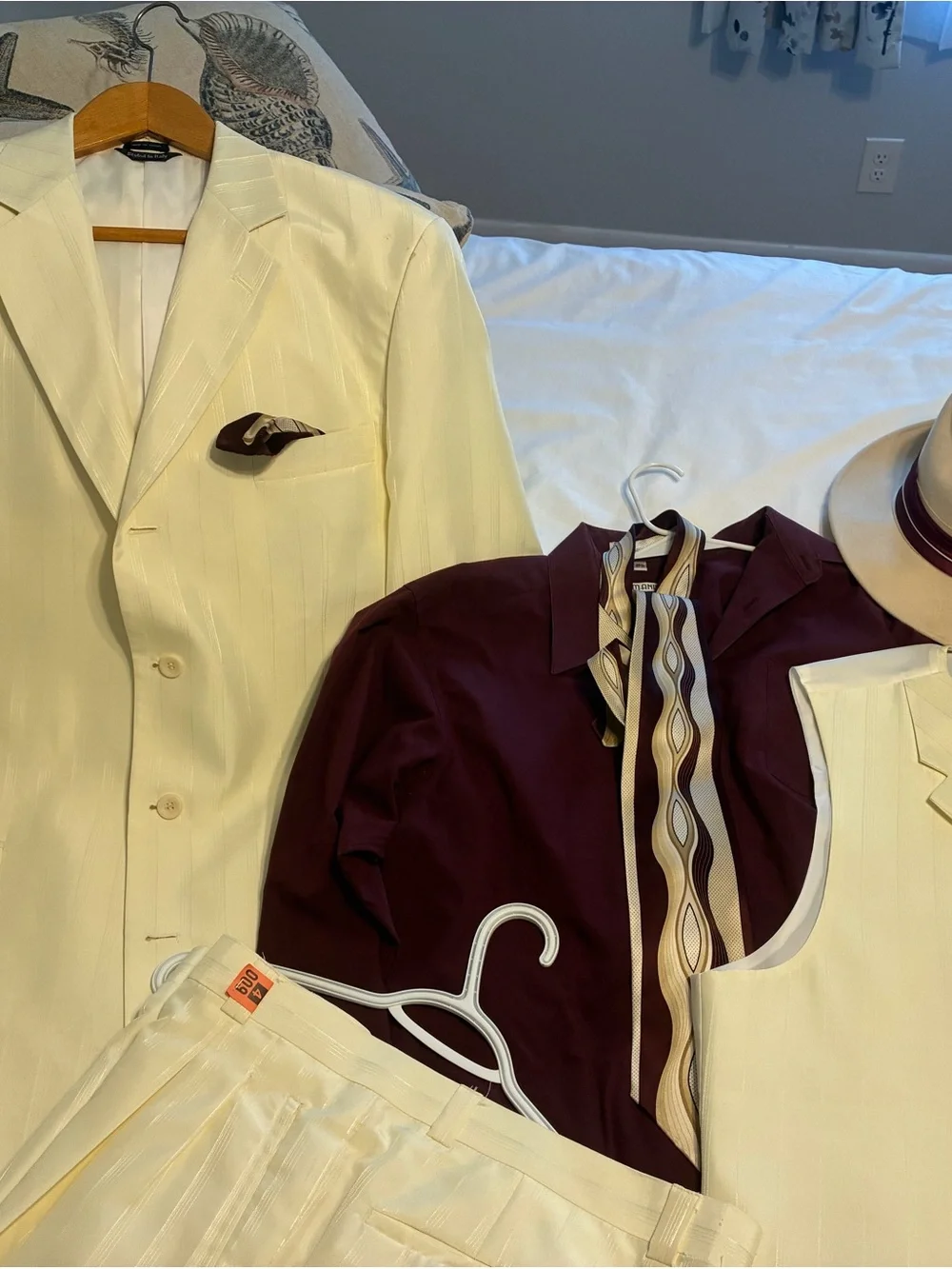 Cream Pinstripe Blazer & Trousers Set with Burgundy Shirt